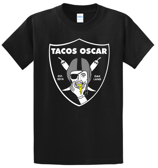 Black T shirt with Taco Raiders Print
