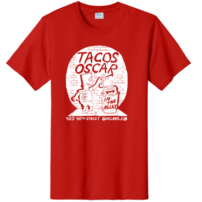 Tacos Oscar Bart Tee white ink on red pc61 t-shirt