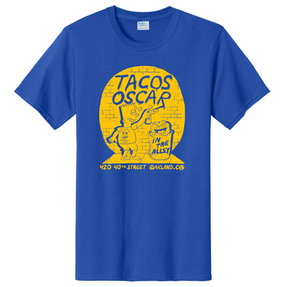 Tacos Oscar Bart Tee yellow ink on blue pc61 t-shirt