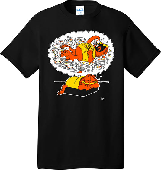 Tacos Oscar Taco Gato Garfield dreaming of eating tacos on a black t shirt